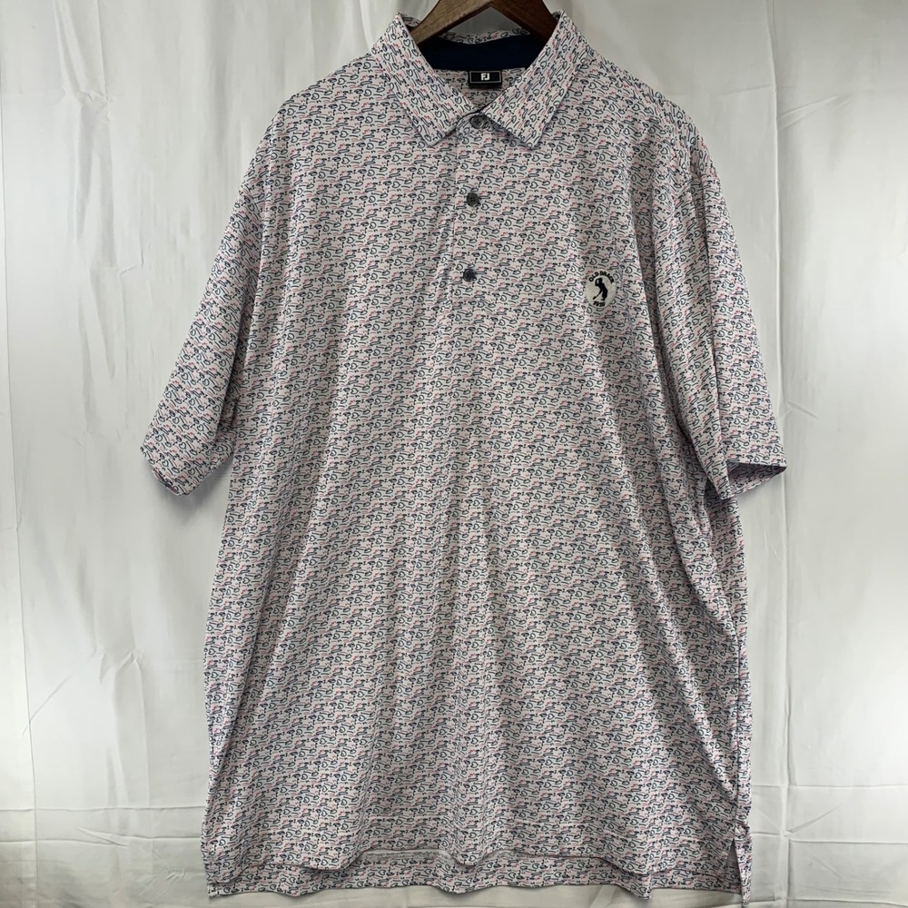 FootJoy Polo Shirt Mens 2XL White Navy Red Abstract Print Old Brack 1916 Patch
